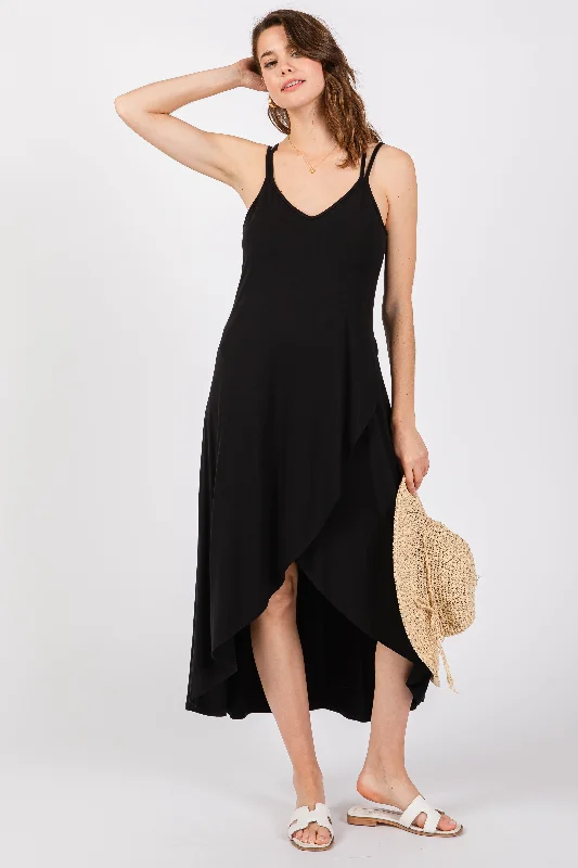 Black Sleeveless Crisscross High-Low Wrap Midi Dress Trendy Smocked Waist Midi Dress