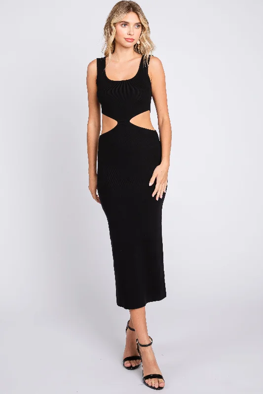 Black Sleeveless Side Cutout Midi Dress Fashionable Chiffon Midi Dress