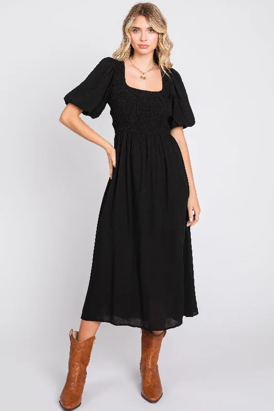 Black Square Neck Midi Dress Elegant Satin Slip Midi Dress