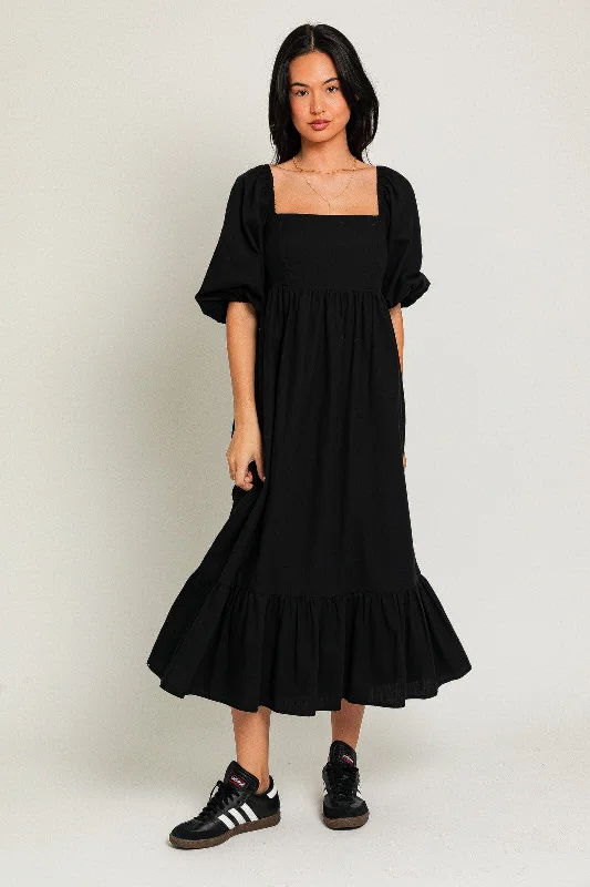 Black Square Neck Puff Sleeve Midi Dress Cozy Wide Strap Midi Dress