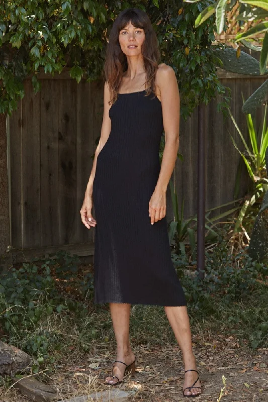 Black Square Neck Ribbed Sleeveless Midi Dress Comfortable Wrap Midi Dress