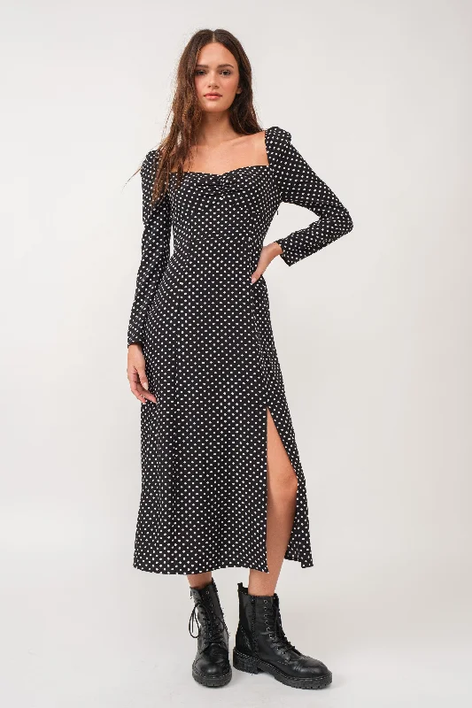 Black Sweetheart Long Sleeve Midi Dress Trendy Smocked Waist Midi Dress