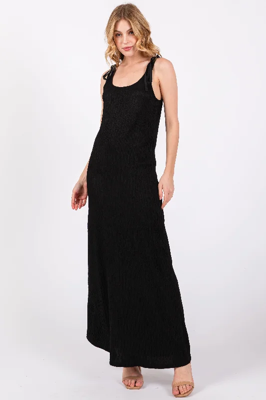 Black Textured Tie Strap Midi Dress Classic Black Midi Dress