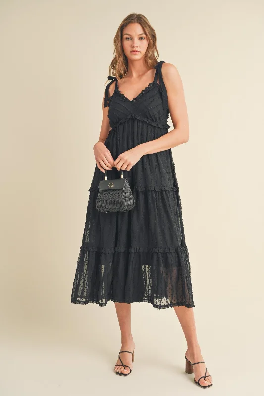 Black Textured Tie Strap Tiered Midi Dress Stylish Wraparound Midi Dress