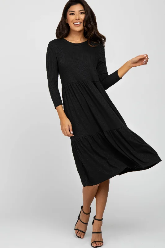 Black Tiered Ribbed 3/4 Sleeve Midi Dress Stylish Halter Neck Midi Dress