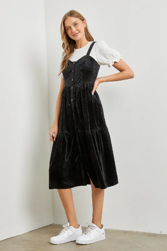 Black Velvet Ruffled Midi Dress Fashionable A-Line Midi Dress
