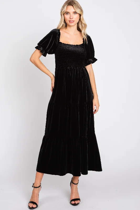 Black Velvet Tiered Midi Dress Elegant Velvet Midi Dress