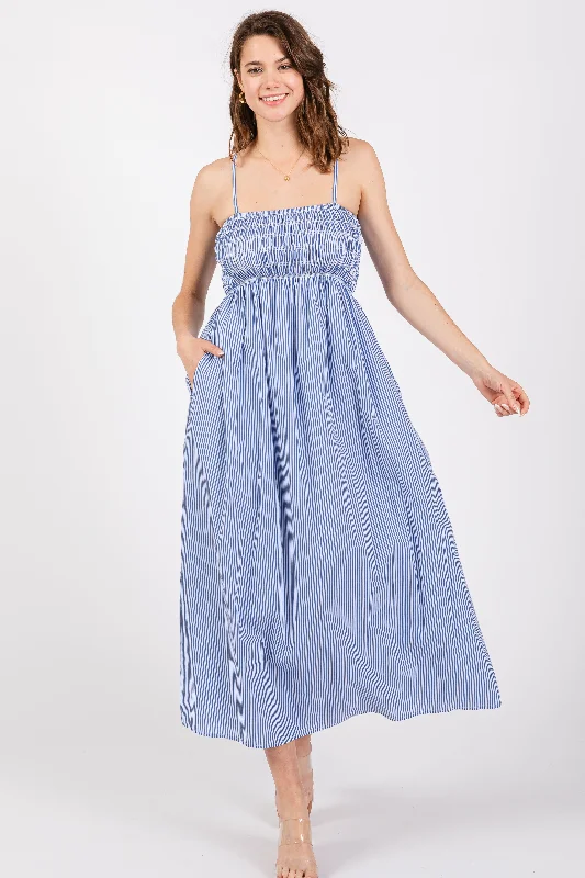 Blue Bartlett Striped Smocked Midi Dress Comfortable Casual Midi Dress