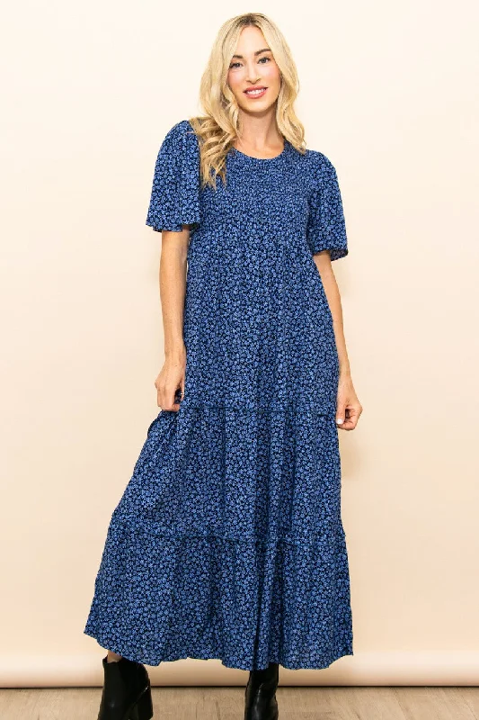 Blue Ditsy Floral Smocked Ruffle Tiered Midi Dress Chic Bohemian Midi Dress