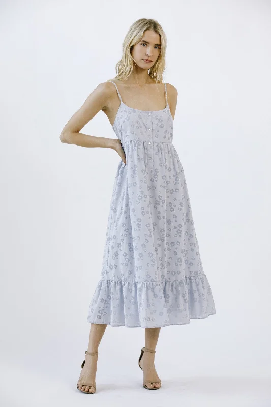 Blue Floral Button Front Sleeveless Midi Dress Trendy Mock Neck Midi Dress