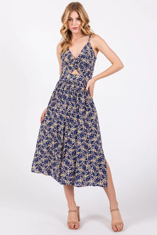 Blue Floral Front Twist Midi Dress Comfortable Empire Waist Midi Dress