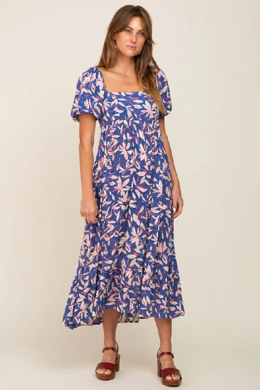 Blue Floral Puff Sleeve Midi Dress Fashionable Off-Shoulder Dress Midi
