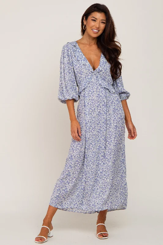 Blue Floral Ruffle V-Neck Midi Dress Fashionable One-Shoulder Midi Dress