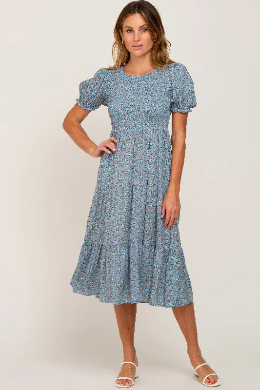 Blue Floral Smocked Midi Dress Fashionable Off-Shoulder Dress Midi