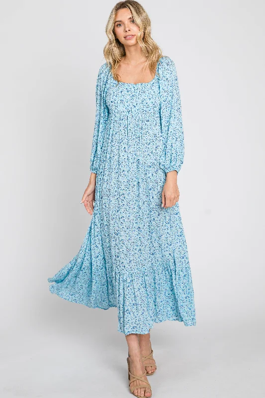 Blue Floral Square Neck 3/4 Sleeve Midi Dress Cozy Midi Dress with Pockets