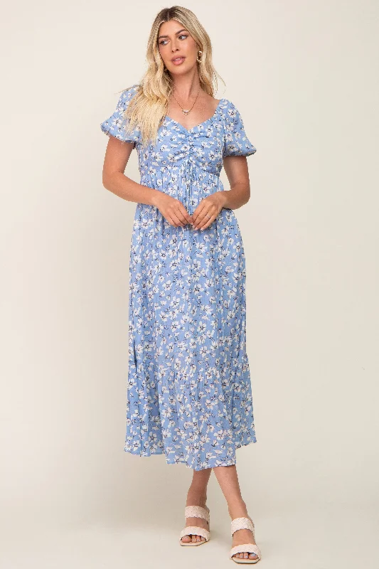 Blue Floral Sweetheart Drawstring Neck Short Sleeve Midi Dress Cozy A-Line Midi Dress