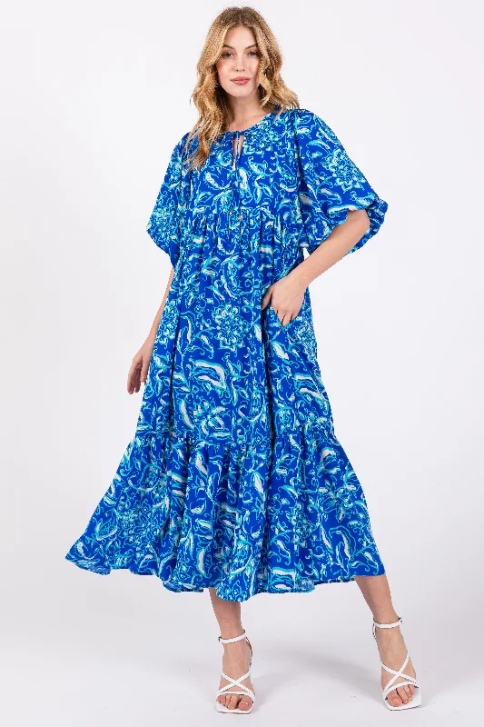Blue Floral Tiered Midi Dress Stylish Vintage Midi Dress