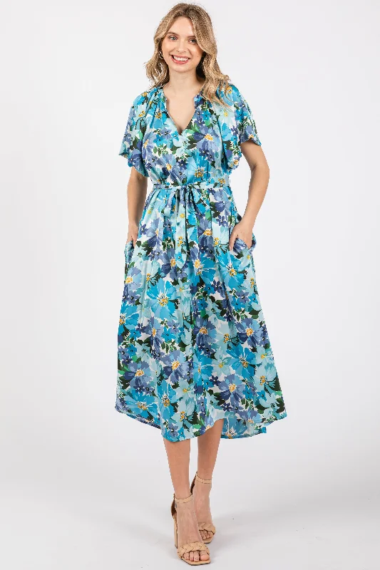 Blue Floral V-Neck Short Puff Sleeve Tie Waist Satin Midi Dress Elegant Pleated Detail Midi Dress