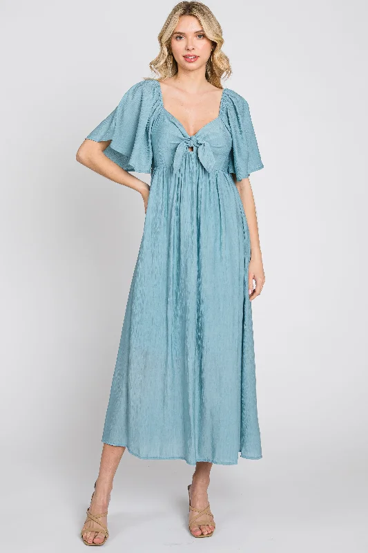 Blue Front Tie Ruffle Sleeve Midi Dress Fashionable Pencil Midi Dress
