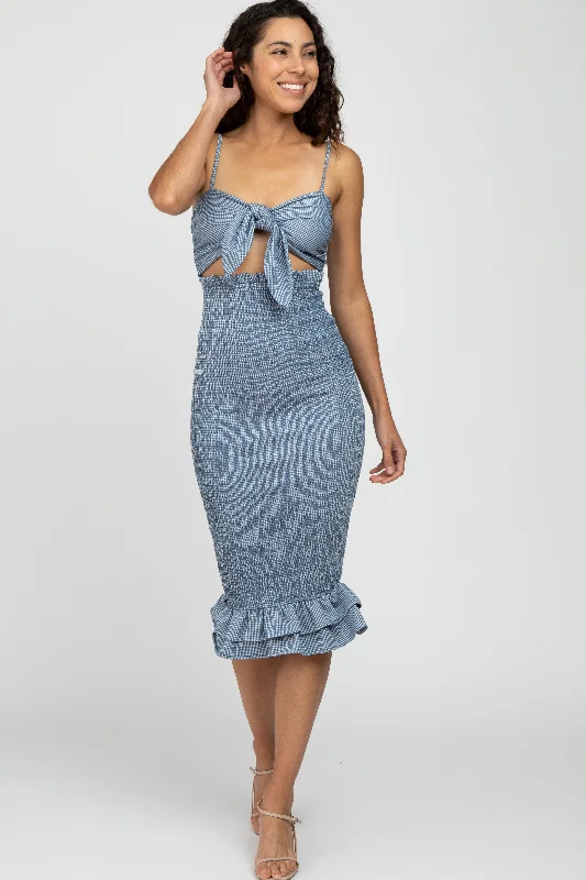 Blue Gingham Print Smocked Fitted Self-Tie Midi Dress Stylish Satin Midi Dress