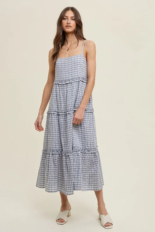 Blue Gingham Ruffle Tiered Midi Dress Elegant Pleated Detail Midi Dress