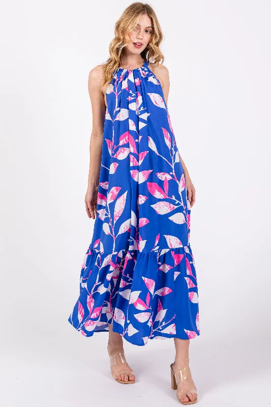 Blue Halter Leaf Print Midi Dress Comfortable Geometric Print Midi Dress