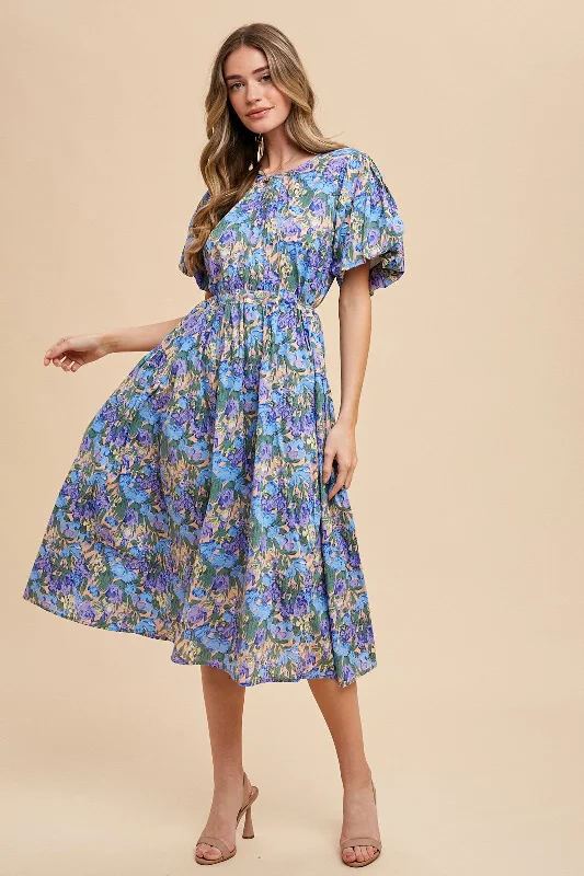 Blue Multi Floral Printed Crew Neck Puff Sleeve Midi Dress Trendy Boho Midi Dress