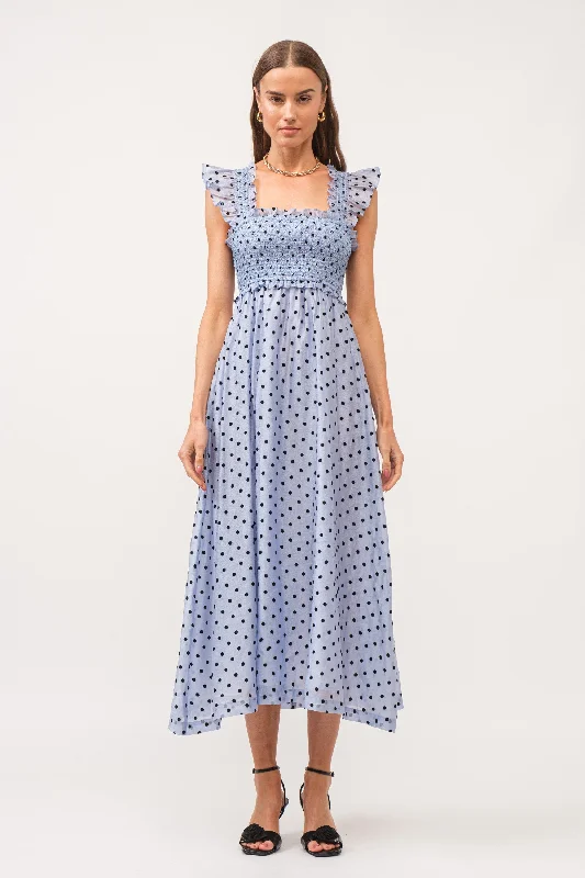 Blue Polka Dot Smocked Midi Dress Fashionable Floral Embroidery Midi Dress
