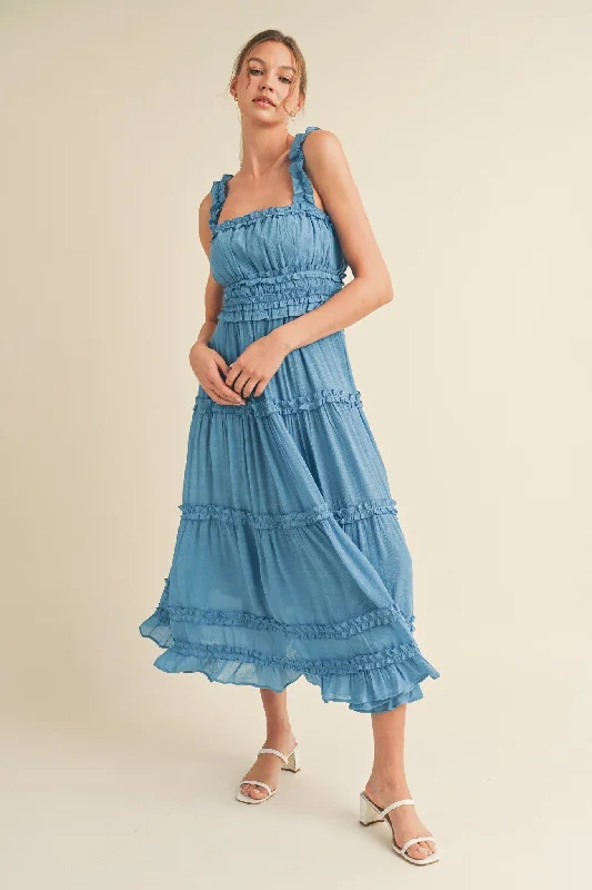 Blue Ruffled Midi Dress Stylish Vintage Midi Dress