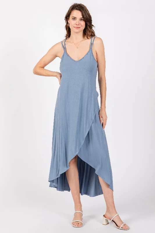 Blue Sleeveless Crisscross High-Low Wrap Midi Dress Chic Lace Detail Midi Dress