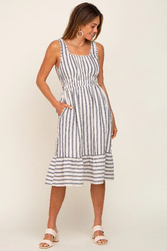 Blue Striped Sleeveless Ruffle Hem Midi Dress Stylish Color Block Midi Dress