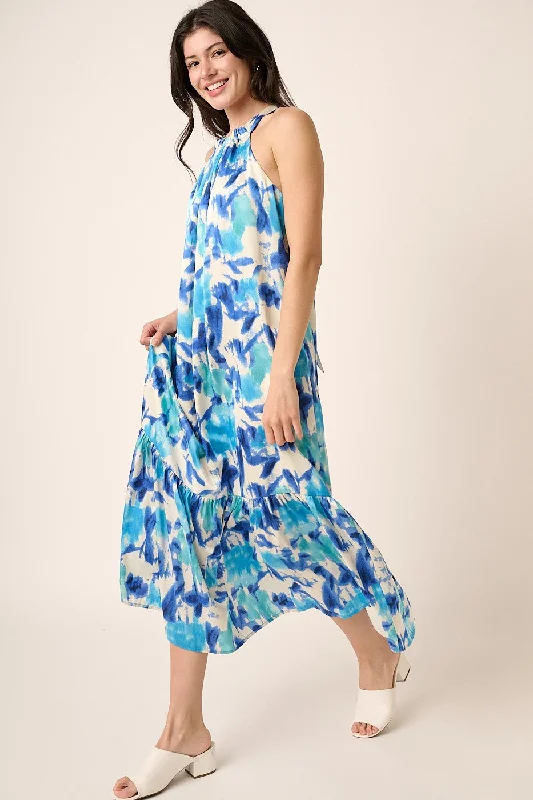 Blue Watercolor Print Satin Midi Dress Fashionable Fitted Midi Dress