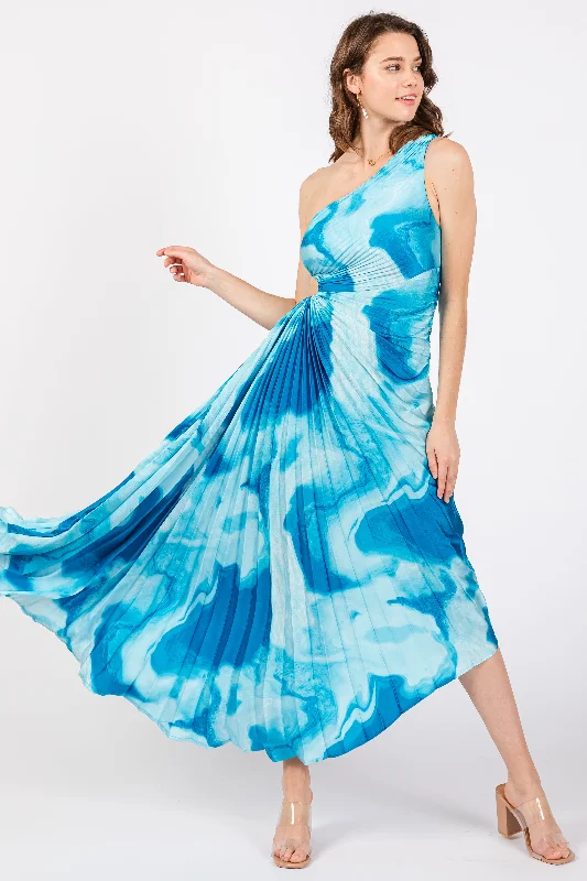 Blue Watercolor Satin Pleated One-Shoulder Asymmetrical Midi Dress Stylish Button-Down Midi Dress