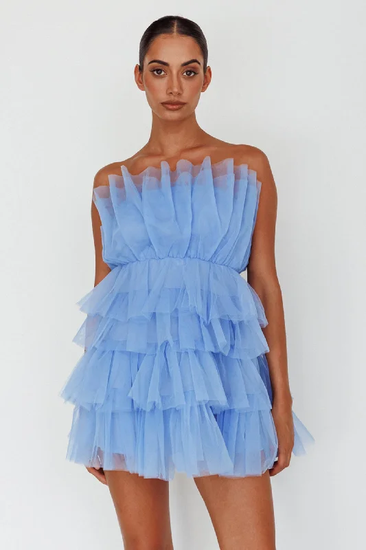 Bon Bon Tiered Mesh Mini Dress Steel Blue Casual Mini Dress with Pockets