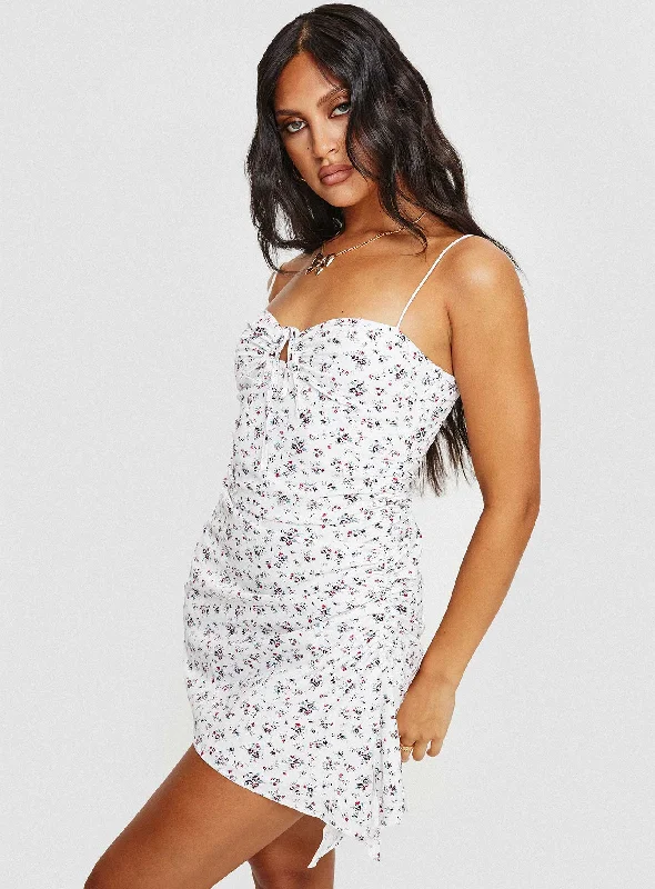 Brigitte Mini Dress White / Floral Casual Mini Dress with Pockets