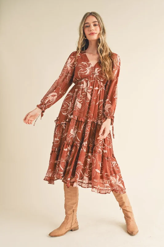 Brown Floral Chiffon Ruffle Tiered Midi Dress Cozy Midi Dress with Pockets