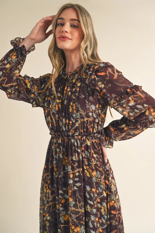 Brown Floral Ruffle Trim Midi Dress Trendy Smocked Detail Midi Dress