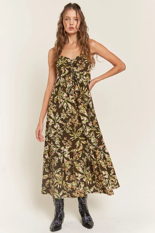 Brown Floral Sleeveless Front Cinched Midi Dress Comfortable Lace-Up Midi Dress