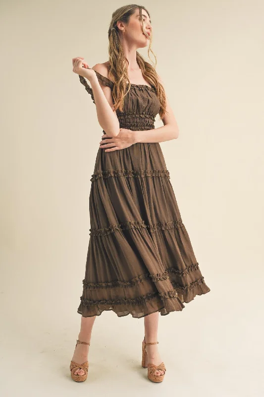Brown Ruffled Midi Dress Trendy Long Sleeve Midi Dress