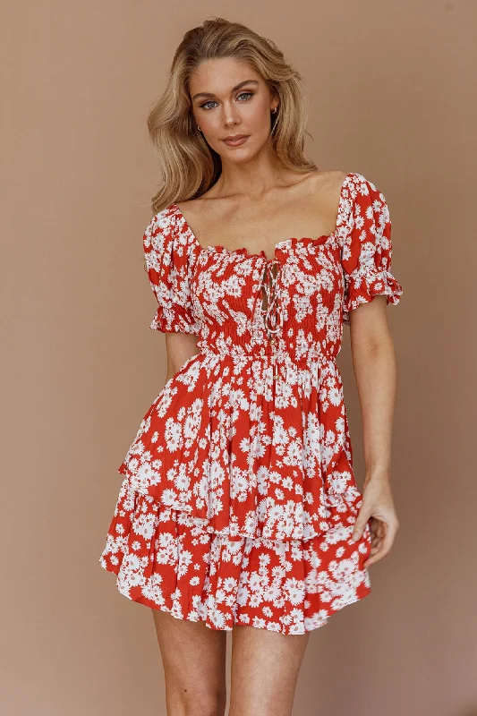 Buongiorno Bella Shirred Lace Up Mini Dress Floral Red Cozy Long Sleeve Mini Dress