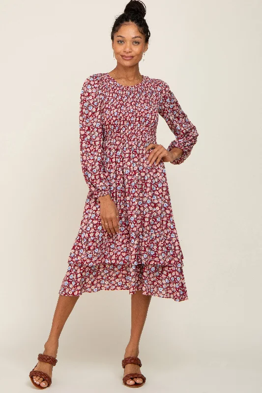 Burgundy Floral Smocked Long Sleeve Midi Dress Stylish Cold Shoulder Midi Dress
