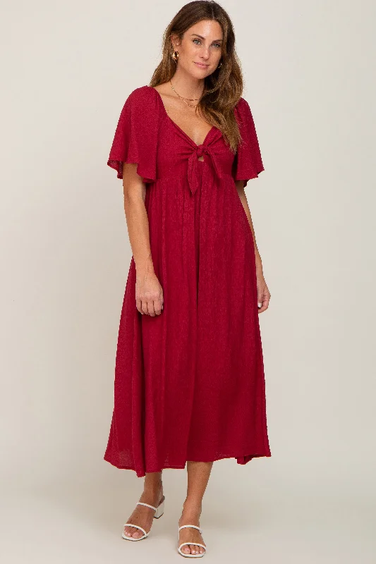 Burgundy Front Tie Ruffle Sleeve Midi Dress Elegant V-Neck Midi Dress