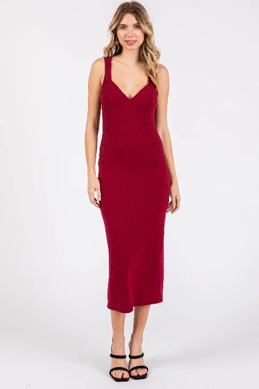 Burgundy Ribbed Sweetheart Neck Midi Dress Chic Floral Print Midi Dress