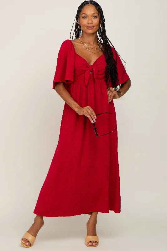 Burgundy Textured Dot Front Tie Ruffle Sleeve  Midi Dress Fashionable Pleated Midi Dress