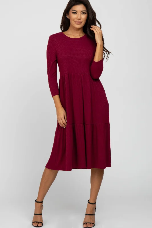 Burgundy Tiered Ribbed 3/4 Sleeve Midi Dress Trendy Knit Midi Dress