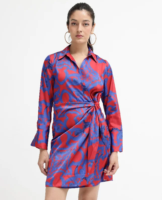Rareism Women Cager Red Cuffed Sleeve Regular Collar Loop Wrap Abstract Print Mini Dress Comfortable One-Shoulder Mini Dress