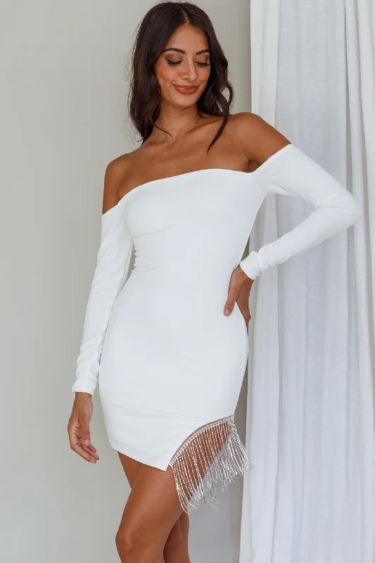 Call On Me Diamante Off-Shoulder Mini Dress White Cozy Satin Mini Dress