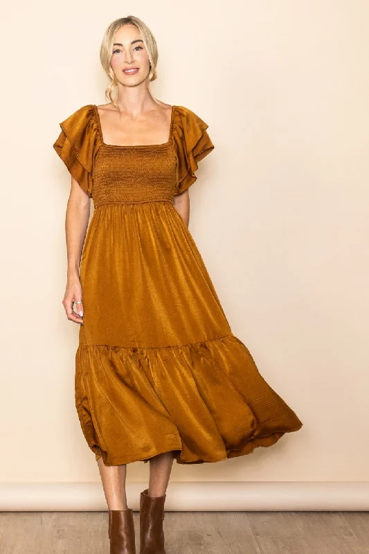 Camel Satin Flutter Sleeve Midi Dress Cozy Knit Midi Dress