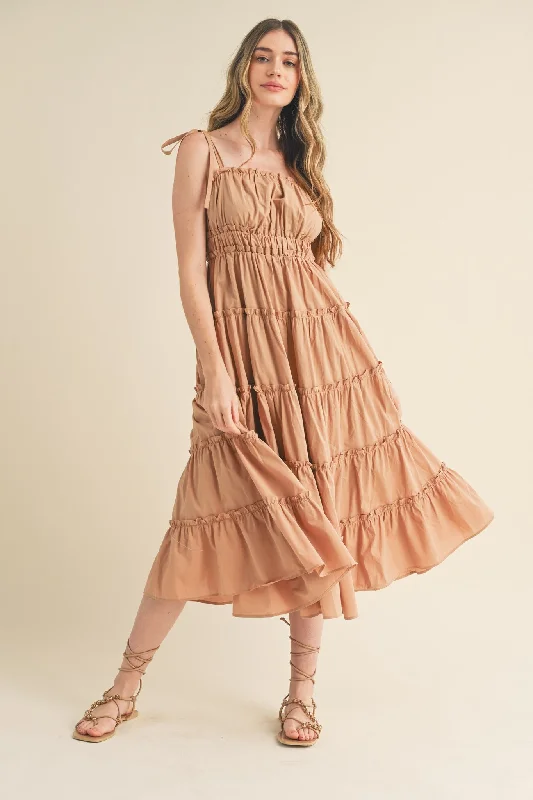 Camel Tiered Tie Strap Midi Dress Elegant Floral Appliqué Midi Dress