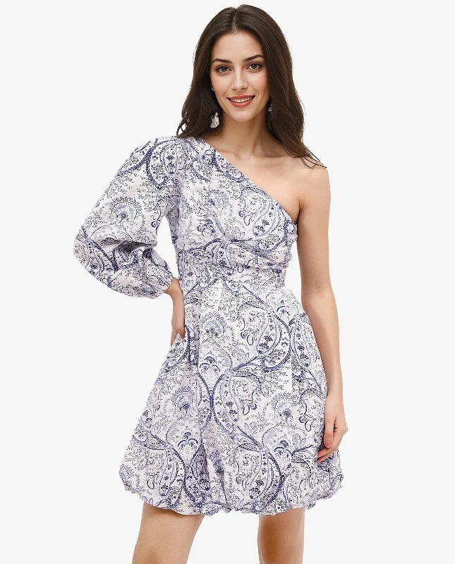 Rareism Women Carmeno Light Blue Bishop Sleeve One Shoulder Zipper Fit And Flare Paisley Print Mini Dress Fashionable Off-Shoulder Mini Dress